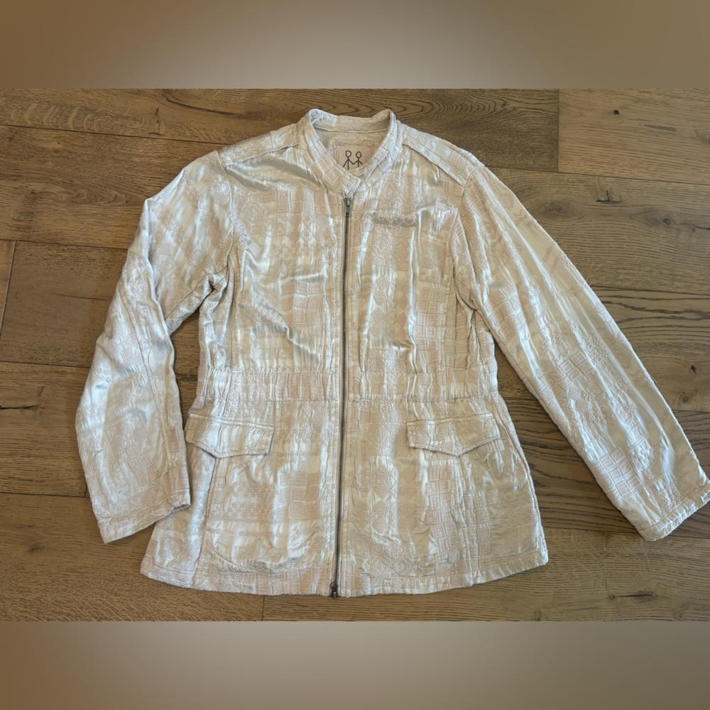 JOHNNY WAS Bordi Embroidered Satin Jacket - Sz Medium - Antique Cream